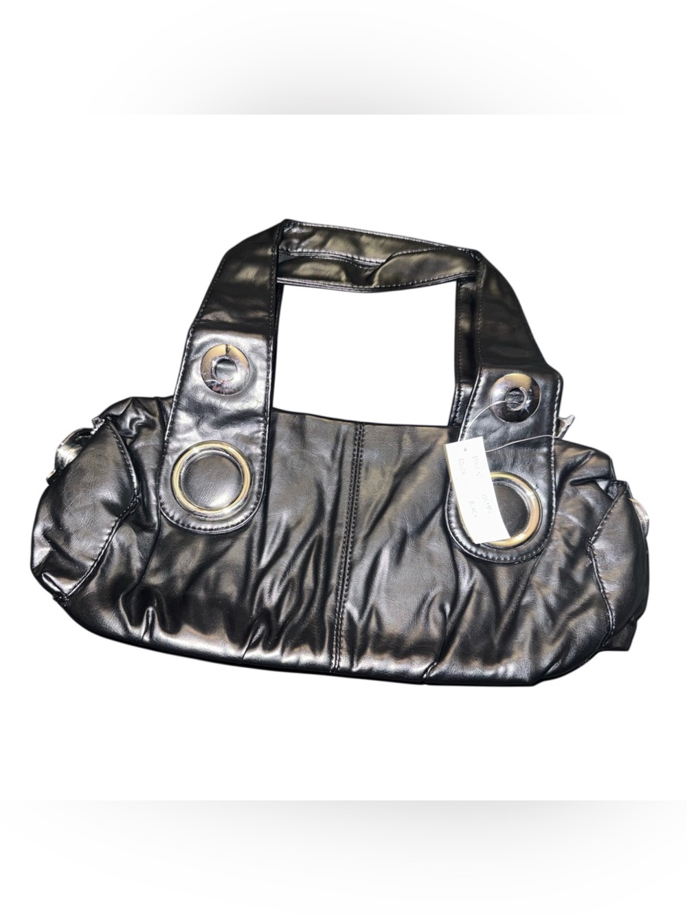 Black Faux Leather Shoulder Bag with Grommet Accents